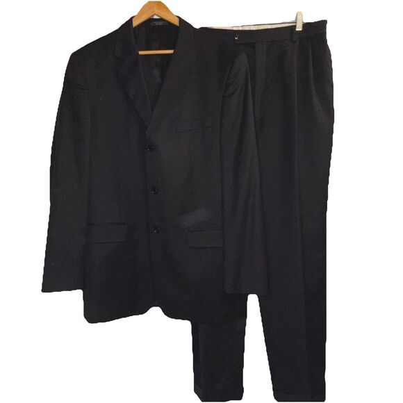 Jones New York Suit Men 44L Black Solid Single Breasted 100%  Wool 36X31 cuffed - Picture 2 of 15
